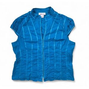 Y2K Nine West Blue Hook & Eye Short Sleeve Ruched‎ Top Office Siren Sexy Large